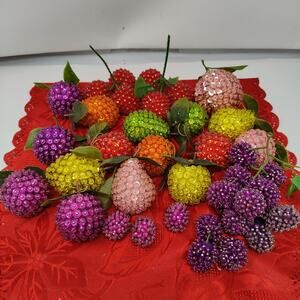 22X Vintage Sequined Beaded Fruit Lot Plums Strawberry Pears Apple Gra